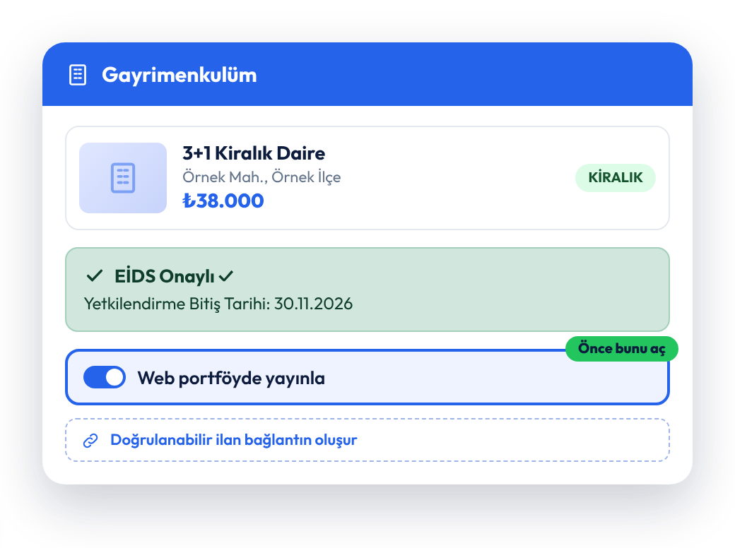 Gayrimenkul kartında EİDS onayı ve Web portföyde yayınla seçeneği açık