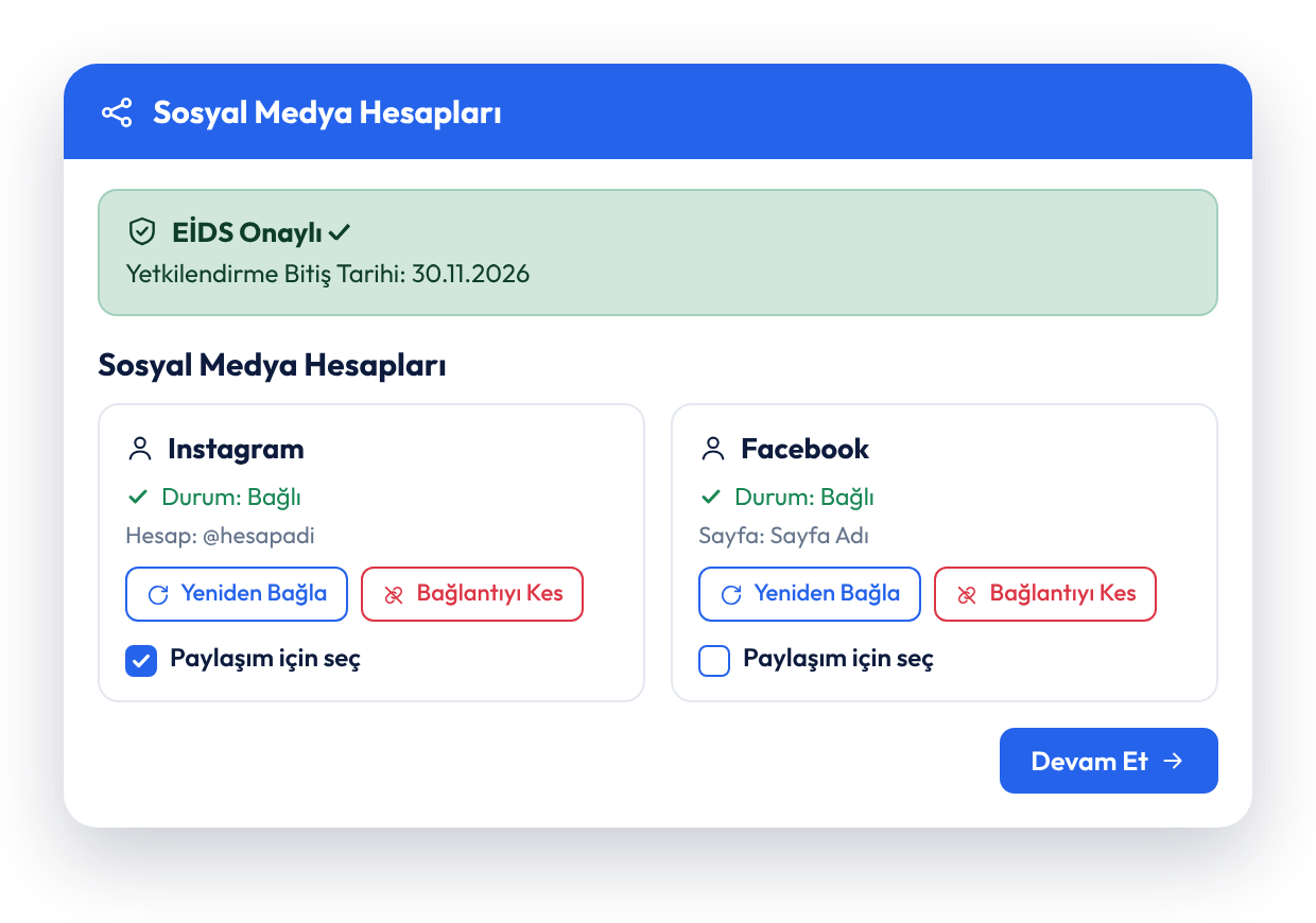 Bağlı Instagram ve Facebook hesapları, paylaşım için seçme kutuları