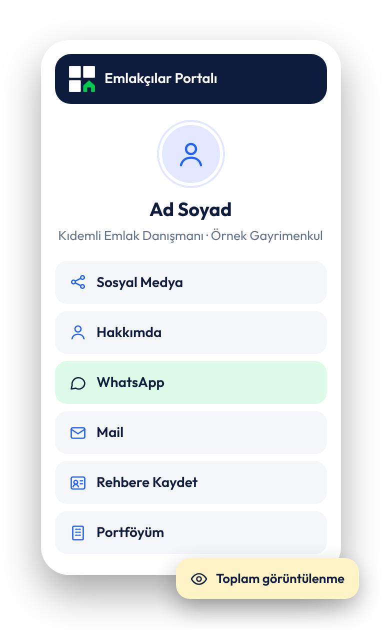 Emlak&ccedil;ılar Portalı dijital kartvizit &ouml;rneği: sosyal medya, hakkımda, WhatsApp, mail, rehbere kaydet ve portf&ouml;y b&ouml;l&uuml;mleri